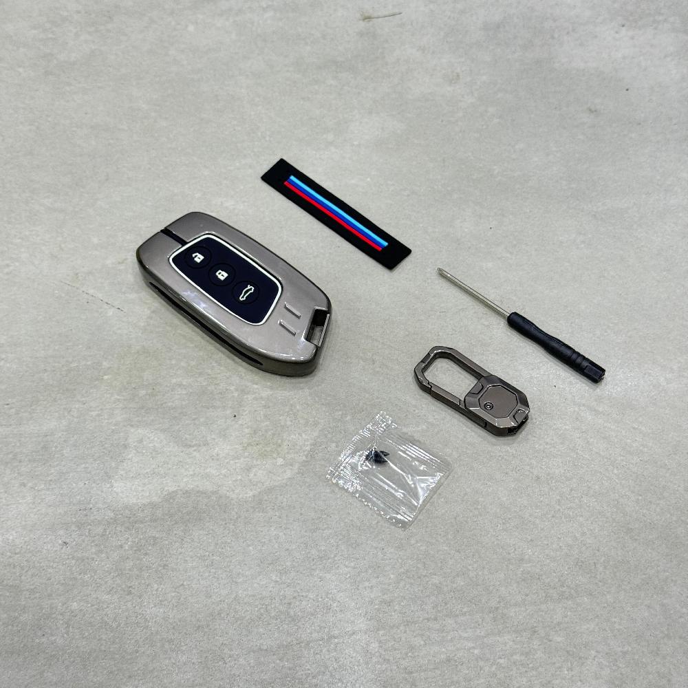 Metal Alloy Car Key Cover & Soft Silicon Black Striped Case Holder & Keychain fit for MG Hector