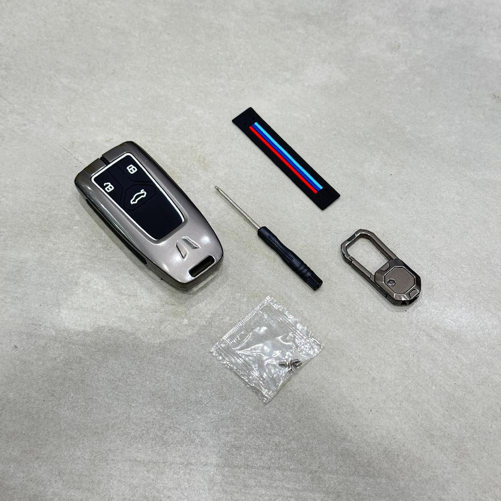 Metal Alloy Car Key Cover & Soft Silicon Black Striped Case Holder & Keychain fit for Audi all car Models