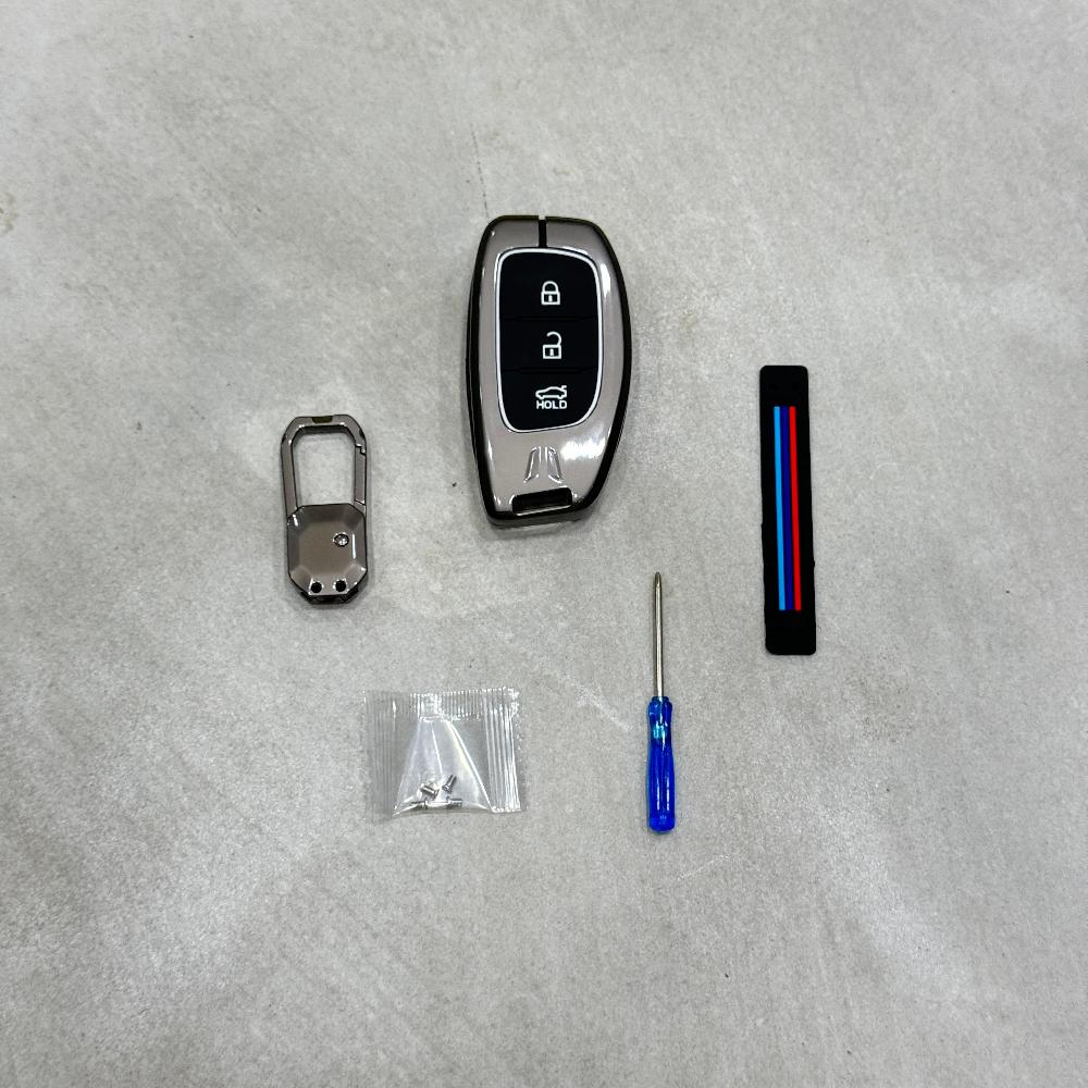 Metal Alloy Car Key Cover & Soft Silicon Black Striped Case Holder & Keychain fit for Hyundai All Models