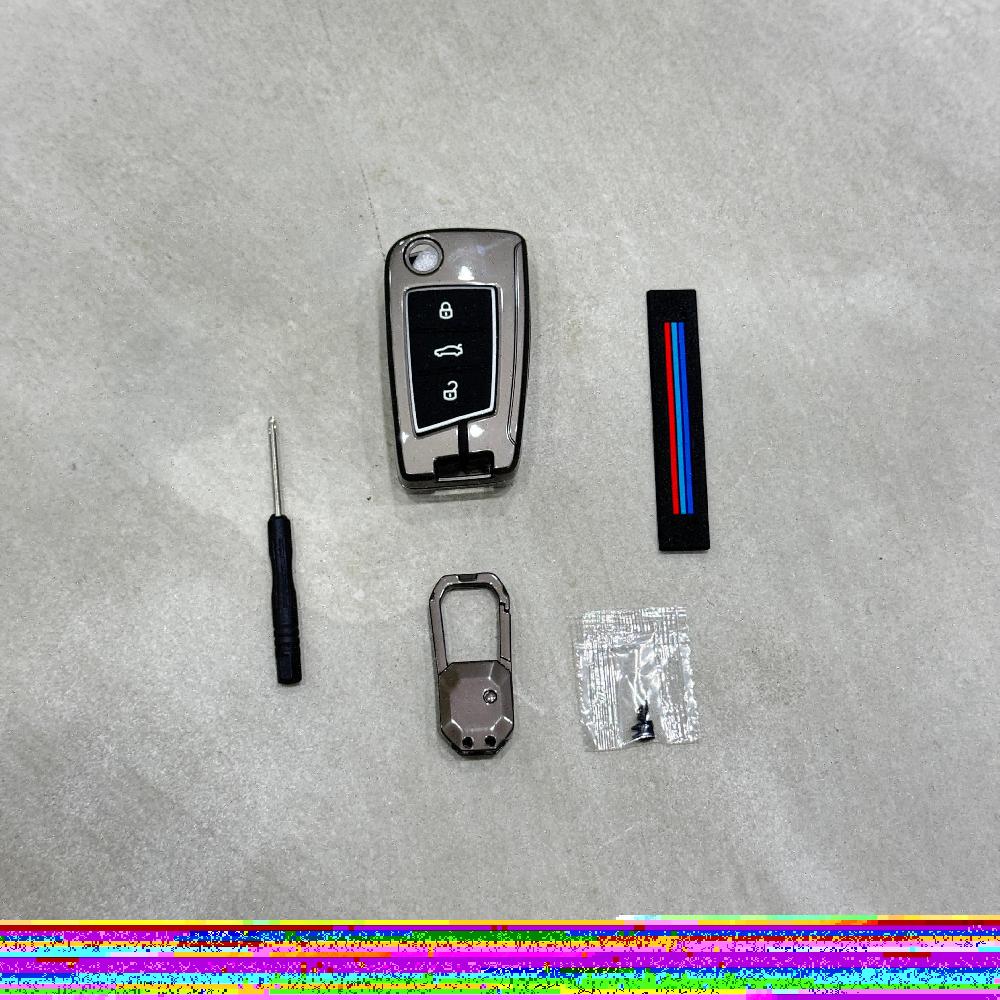 Metal Alloy Car Key Cover & Soft Silicon Black Striped Case Holder & Keychain fit for Volkswagen Polo